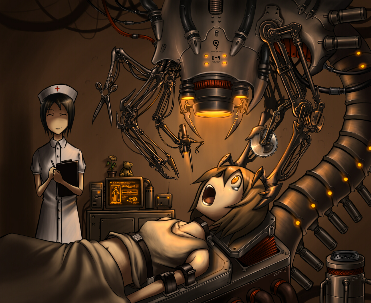 Konachan.com_-_67131_black_hair_bondage_brown_hair_dark_gia_hat_nurse_original_short_hair_ye